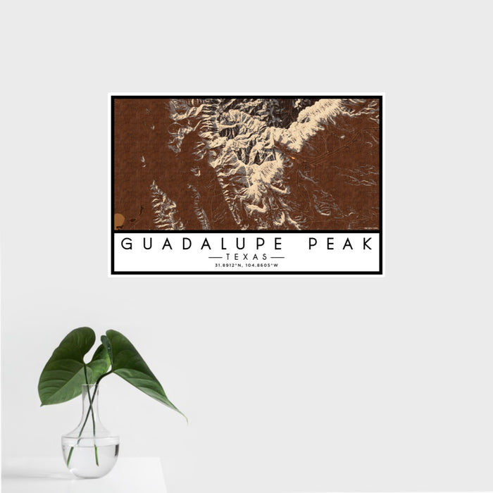 16x24 Guadalupe Peak Texas Map Print Landscape Orientation in Ember Style With Tropical Plant Leaves in Water