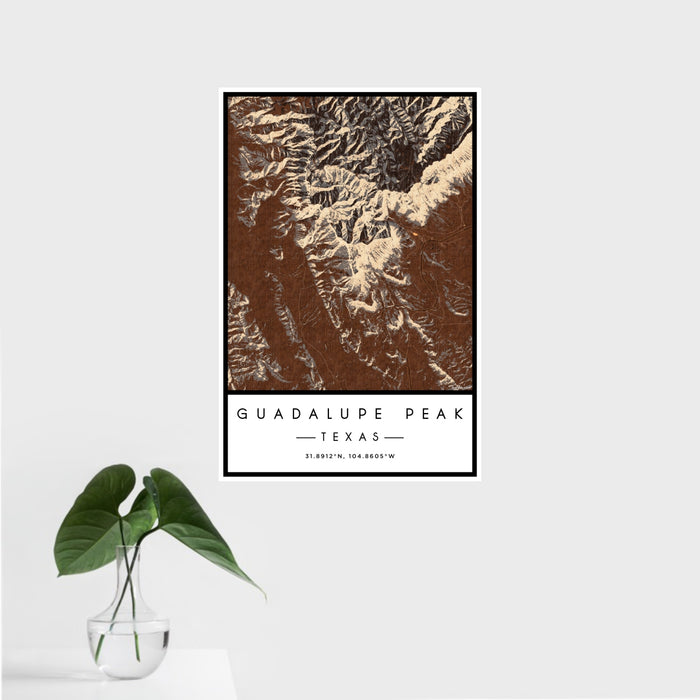 16x24 Guadalupe Peak Texas Map Print Portrait Orientation in Ember Style With Tropical Plant Leaves in Water