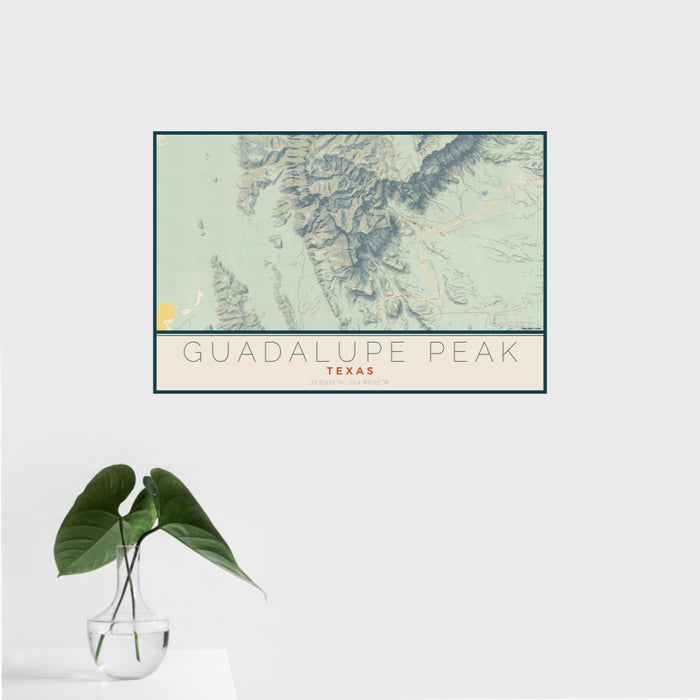 16x24 Guadalupe Peak Texas Map Print Landscape Orientation in Woodblock Style With Tropical Plant Leaves in Water