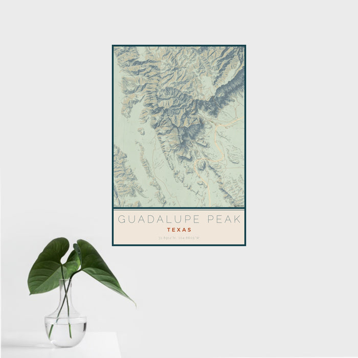 16x24 Guadalupe Peak Texas Map Print Portrait Orientation in Woodblock Style With Tropical Plant Leaves in Water