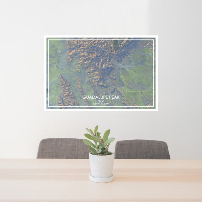 24x36 Guadalupe Peak Texas Map Print Lanscape Orientation in Afternoon Style Behind 2 Chairs Table and Potted Plant