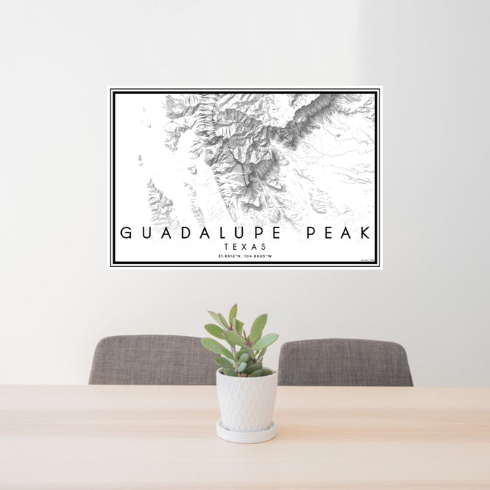24x36 Guadalupe Peak Texas Map Print Lanscape Orientation in Classic Style Behind 2 Chairs Table and Potted Plant
