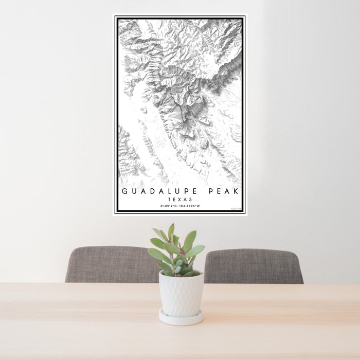 24x36 Guadalupe Peak Texas Map Print Portrait Orientation in Classic Style Behind 2 Chairs Table and Potted Plant