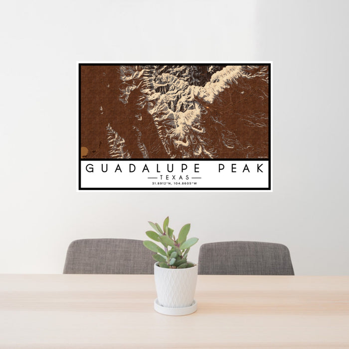 24x36 Guadalupe Peak Texas Map Print Lanscape Orientation in Ember Style Behind 2 Chairs Table and Potted Plant