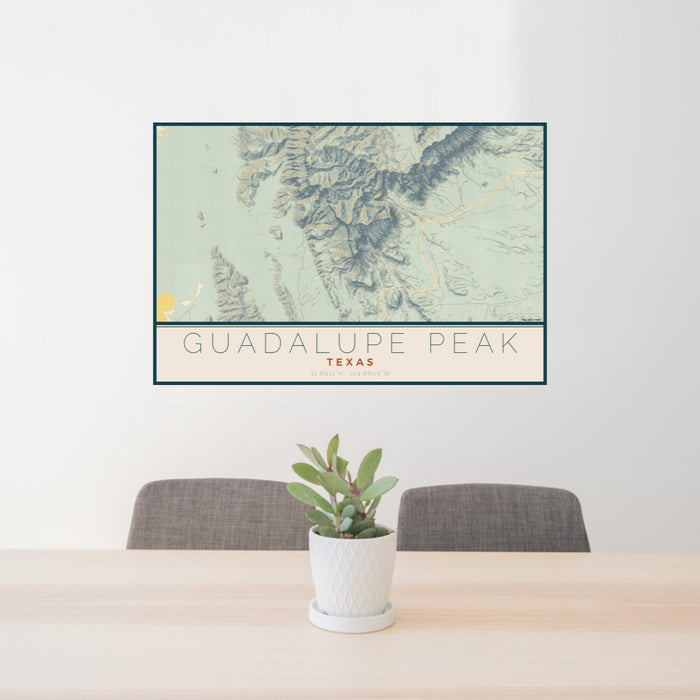24x36 Guadalupe Peak Texas Map Print Lanscape Orientation in Woodblock Style Behind 2 Chairs Table and Potted Plant
