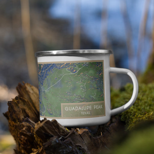 Right View Custom Guadalupe Peak Texas Map Enamel Mug in Afternoon on Grass With Trees in Background