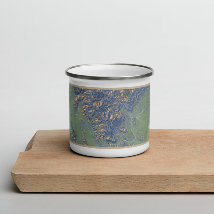 Front View Custom Guadalupe Peak Texas Map Enamel Mug in Afternoon on Cutting Board