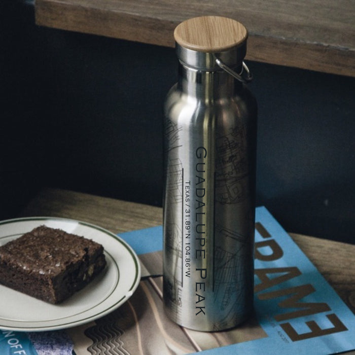 Guadalupe Peak Texas Custom Engraved City Map Inscription Coordinates on 20oz Stainless Steel Insulated Bottle with Bamboo Top