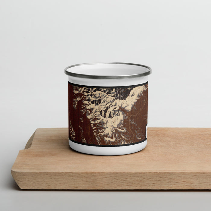 Front View Custom Guadalupe Peak Texas Map Enamel Mug in Ember on Cutting Board
