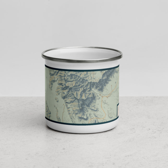 Front View Custom Guadalupe Peak Texas Map Enamel Mug in Woodblock