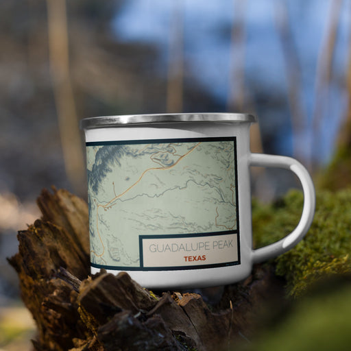 Right View Custom Guadalupe Peak Texas Map Enamel Mug in Woodblock on Grass With Trees in Background