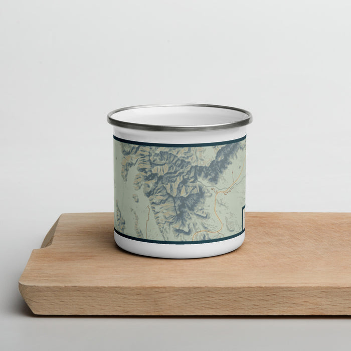 Front View Custom Guadalupe Peak Texas Map Enamel Mug in Woodblock on Cutting Board