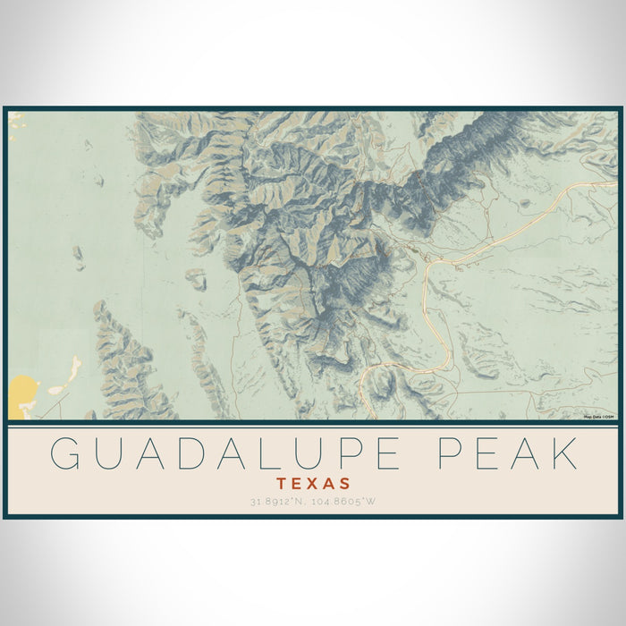 Guadalupe Peak Texas Map Print Landscape Orientation in Woodblock Style With Shaded Background