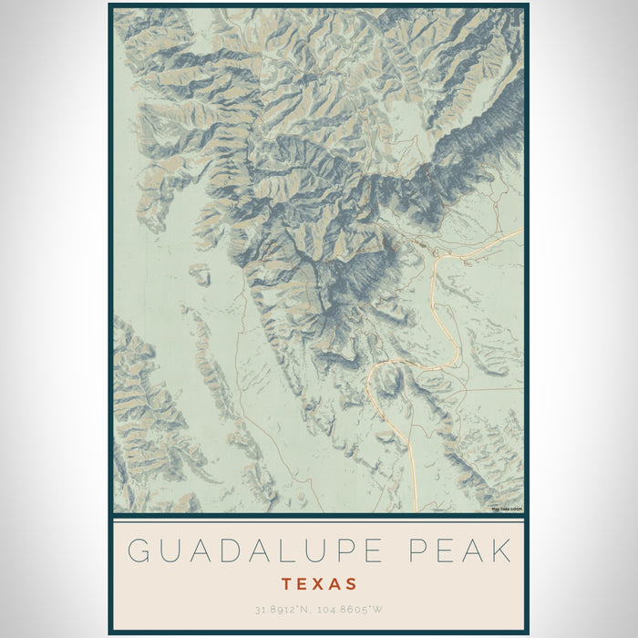 Guadalupe Peak Texas Map Print Portrait Orientation in Woodblock Style With Shaded Background