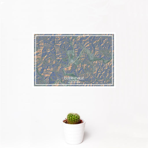 12x18 Guerneville California Map Print Landscape Orientation in Afternoon Style With Small Cactus Plant in White Planter