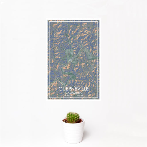 12x18 Guerneville California Map Print Portrait Orientation in Afternoon Style With Small Cactus Plant in White Planter