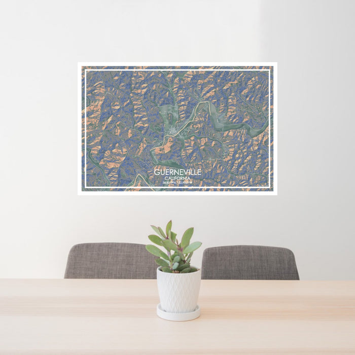 24x36 Guerneville California Map Print Lanscape Orientation in Afternoon Style Behind 2 Chairs Table and Potted Plant