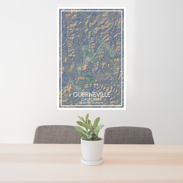 24x36 Guerneville California Map Print Portrait Orientation in Afternoon Style Behind 2 Chairs Table and Potted Plant