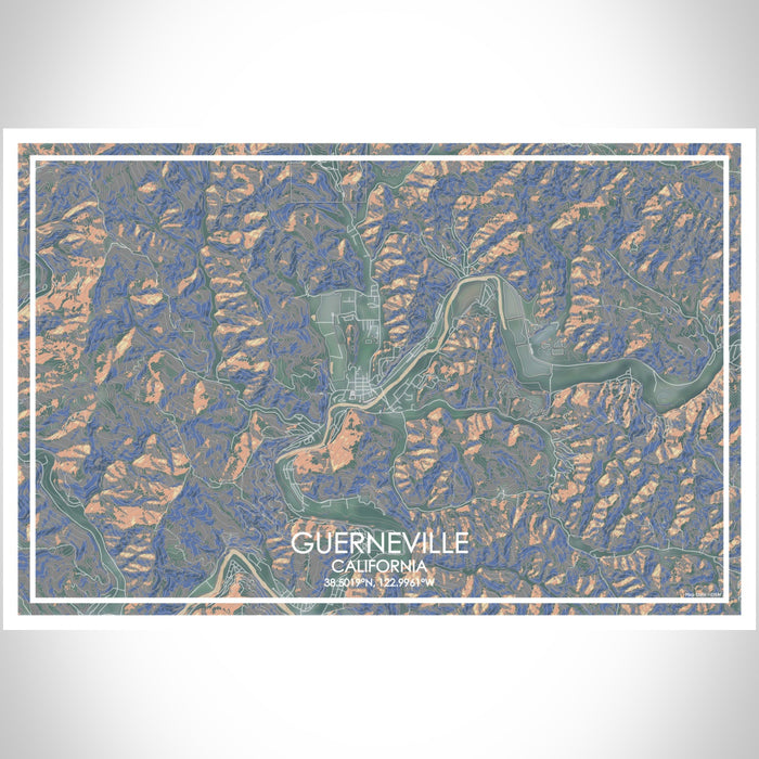 Guerneville California Map Print Landscape Orientation in Afternoon Style With Shaded Background