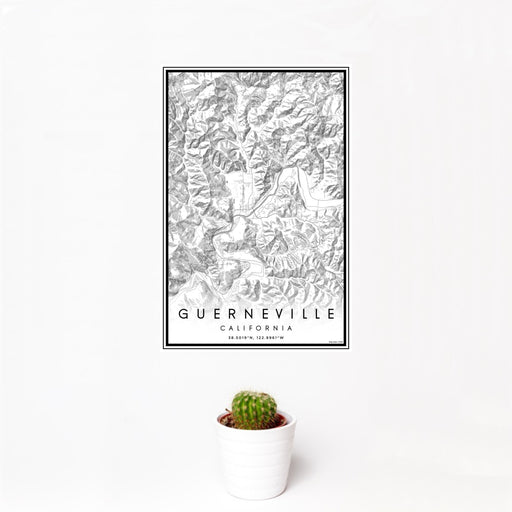 12x18 Guerneville California Map Print Portrait Orientation in Classic Style With Small Cactus Plant in White Planter