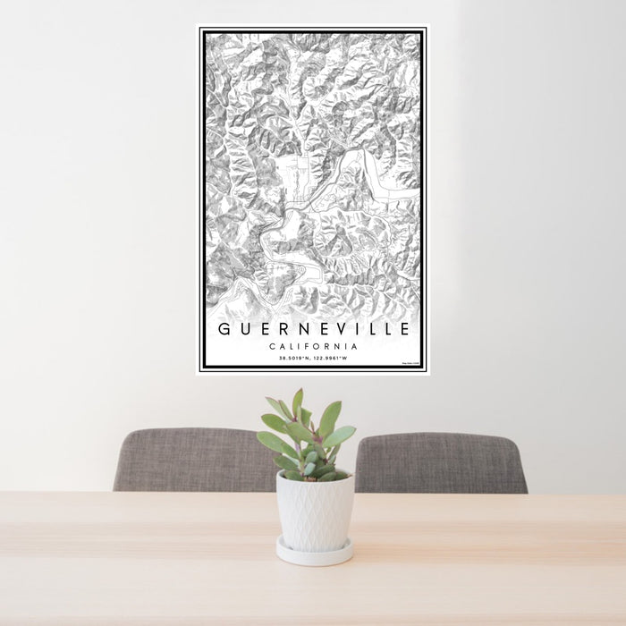 24x36 Guerneville California Map Print Portrait Orientation in Classic Style Behind 2 Chairs Table and Potted Plant