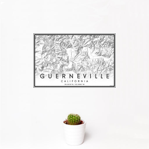 12x18 Guerneville California Map Print Landscape Orientation in Classic Style With Small Cactus Plant in White Planter