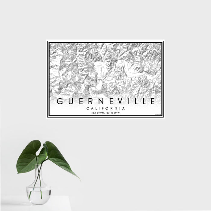 16x24 Guerneville California Map Print Landscape Orientation in Classic Style With Tropical Plant Leaves in Water