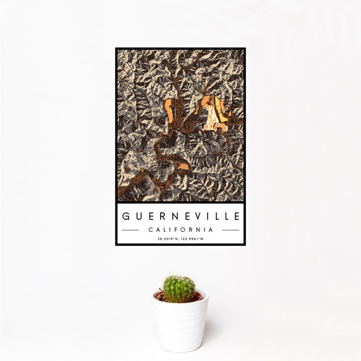 12x18 Guerneville California Map Print Portrait Orientation in Ember Style With Small Cactus Plant in White Planter