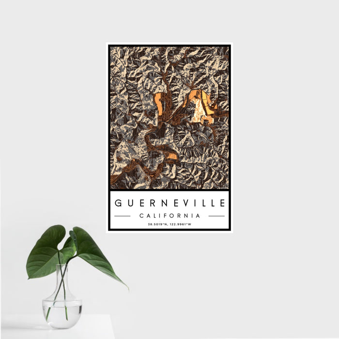 16x24 Guerneville California Map Print Portrait Orientation in Ember Style With Tropical Plant Leaves in Water