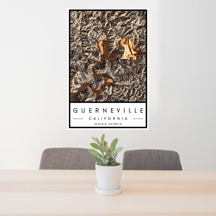 24x36 Guerneville California Map Print Portrait Orientation in Ember Style Behind 2 Chairs Table and Potted Plant