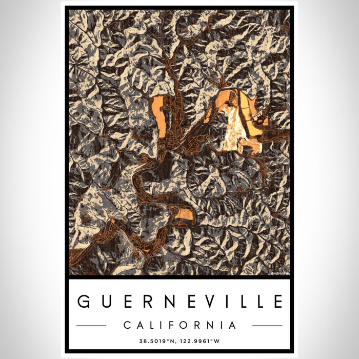 Guerneville California Map Print Portrait Orientation in Ember Style With Shaded Background