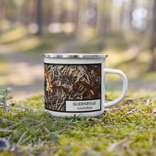Right View Custom Guerneville California Map Enamel Mug in Ember on Grass With Trees in Background