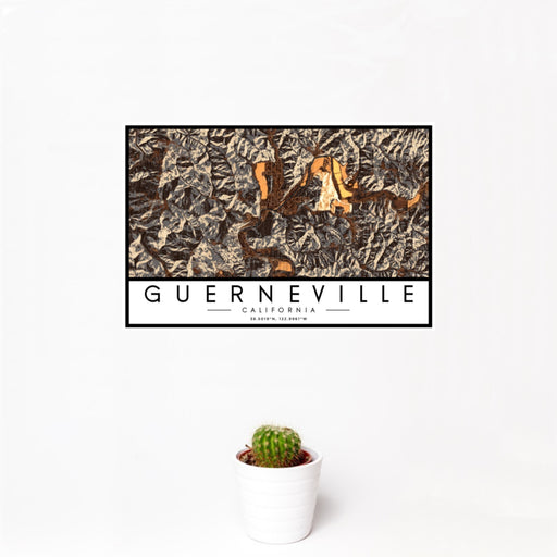 12x18 Guerneville California Map Print Landscape Orientation in Ember Style With Small Cactus Plant in White Planter