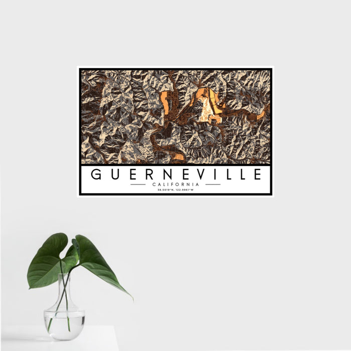16x24 Guerneville California Map Print Landscape Orientation in Ember Style With Tropical Plant Leaves in Water