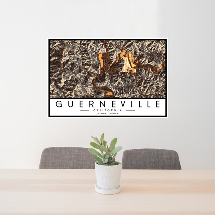 24x36 Guerneville California Map Print Landscape Orientation in Ember Style Behind 2 Chairs Table and Potted Plant