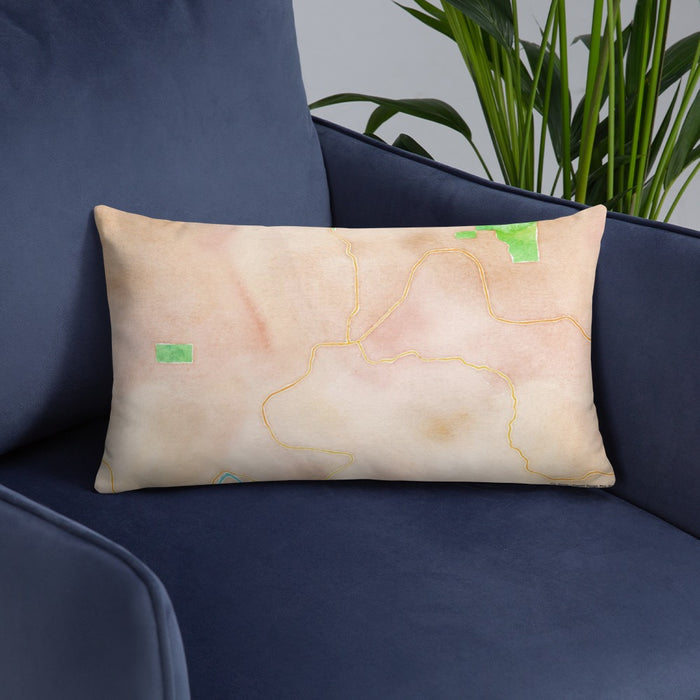 Custom Guerneville California Map Throw Pillow in Watercolor on Blue Colored Chair
