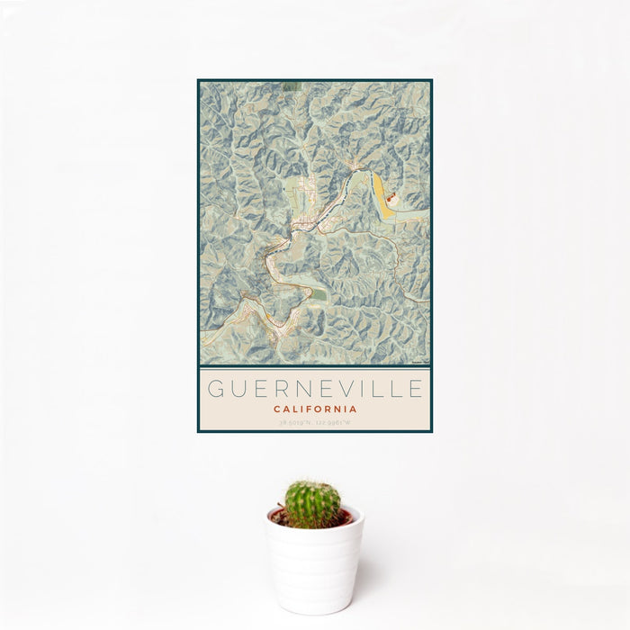 12x18 Guerneville California Map Print Portrait Orientation in Woodblock Style With Small Cactus Plant in White Planter