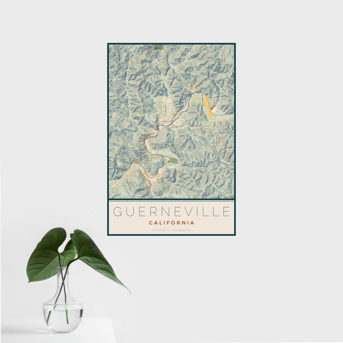 16x24 Guerneville California Map Print Portrait Orientation in Woodblock Style With Tropical Plant Leaves in Water