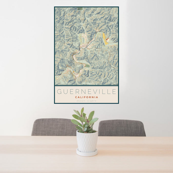 24x36 Guerneville California Map Print Portrait Orientation in Woodblock Style Behind 2 Chairs Table and Potted Plant