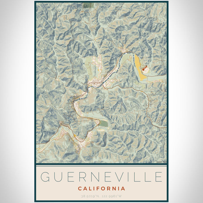 Guerneville California Map Print Portrait Orientation in Woodblock Style With Shaded Background