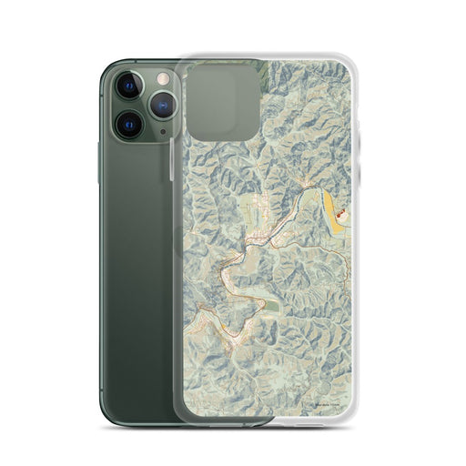 Custom Guerneville California Map Phone Case in Woodblock on Table with Laptop and Plant