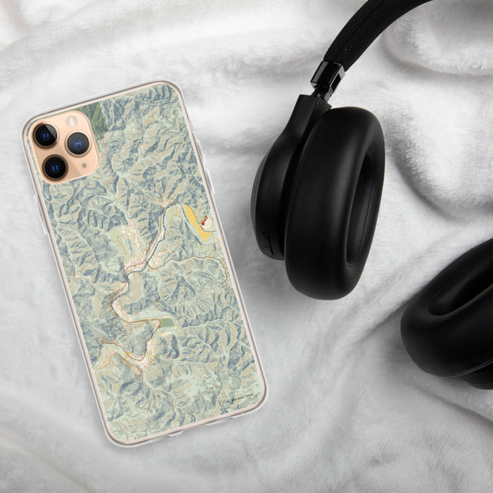 Custom Guerneville California Map Phone Case in Woodblock on Table with Black Headphones