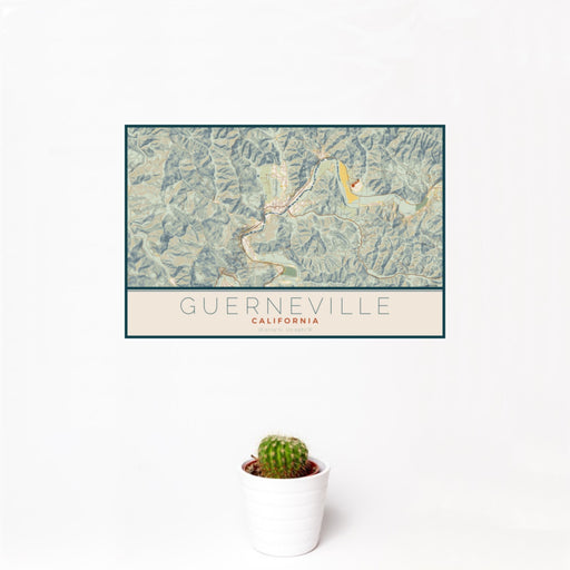 12x18 Guerneville California Map Print Landscape Orientation in Woodblock Style With Small Cactus Plant in White Planter