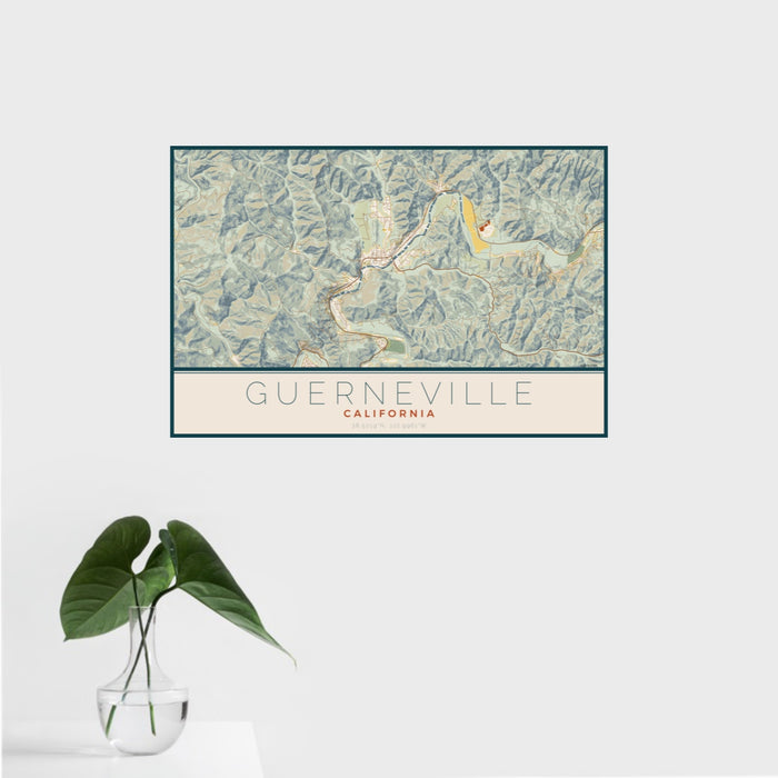 16x24 Guerneville California Map Print Landscape Orientation in Woodblock Style With Tropical Plant Leaves in Water
