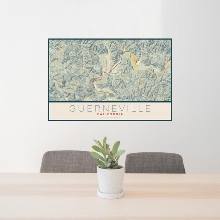 24x36 Guerneville California Map Print Landscape Orientation in Woodblock Style Behind 2 Chairs Table and Potted Plant