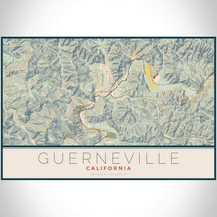 Guerneville California Map Print Landscape Orientation in Woodblock Style With Shaded Background