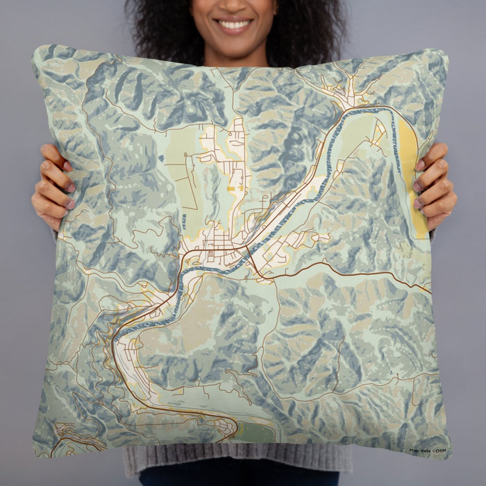 Person holding 22x22 Custom Guerneville California Map Throw Pillow in Woodblock