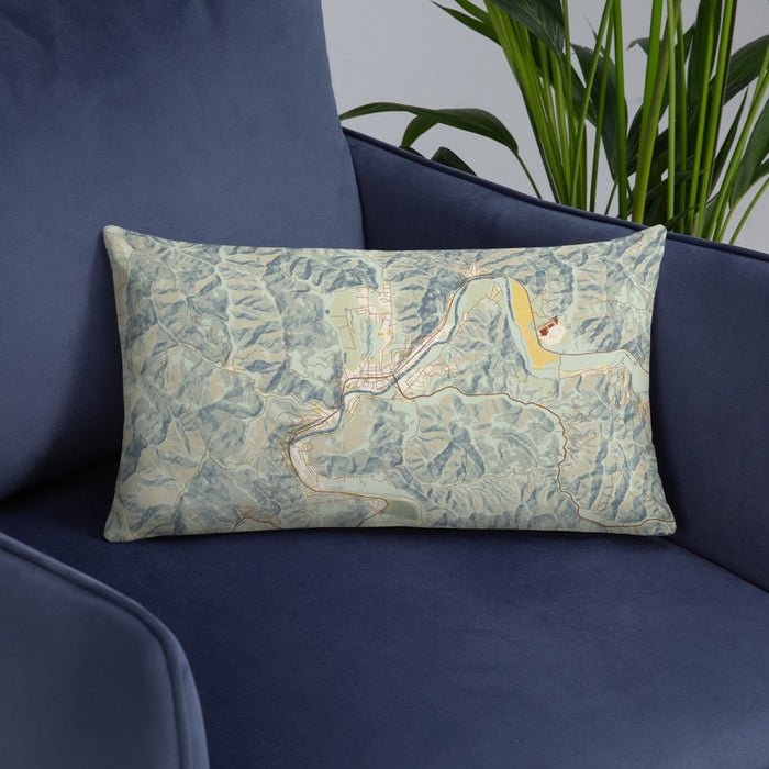 Custom Guerneville California Map Throw Pillow in Woodblock on Blue Colored Chair