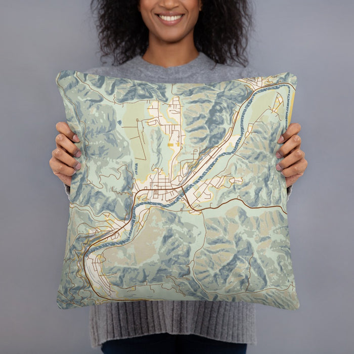 Person holding 18x18 Custom Guerneville California Map Throw Pillow in Woodblock