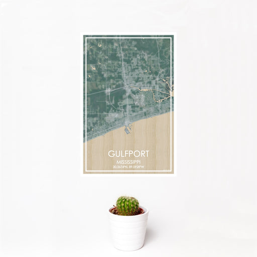 12x18 Gulfport Mississippi Map Print Portrait Orientation in Afternoon Style With Small Cactus Plant in White Planter